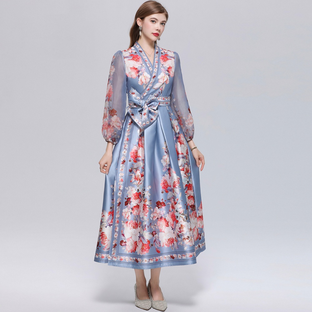 Lantern sleeve dress pinched waist long dress for women