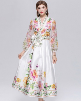 Retro big skirt long dress lantern sleeve court style dress