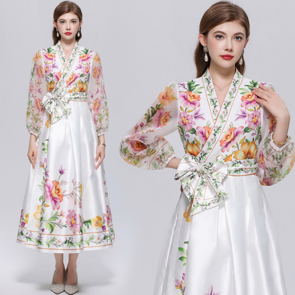 Retro big skirt long dress lantern sleeve court style dress