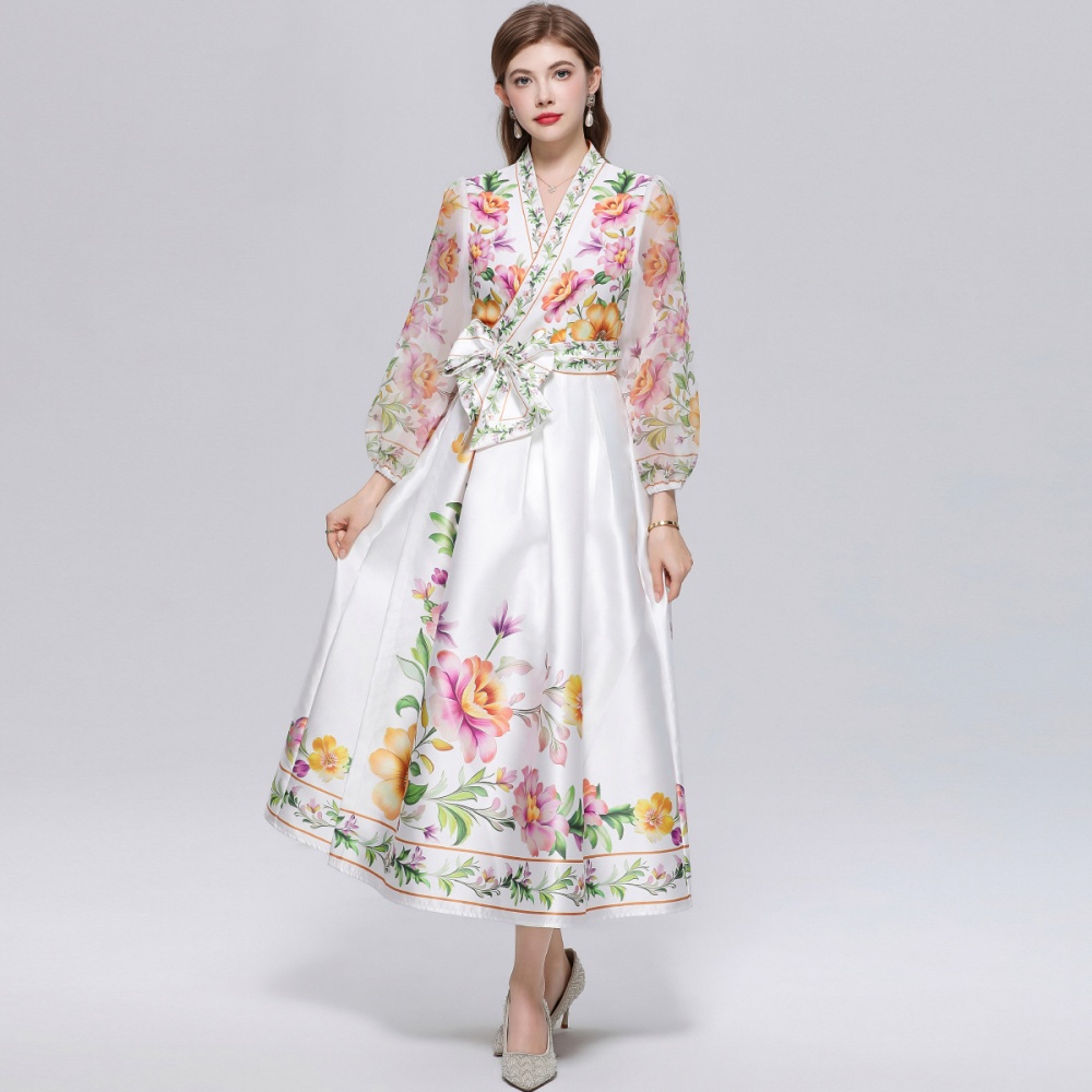 Retro big skirt long dress lantern sleeve court style dress
