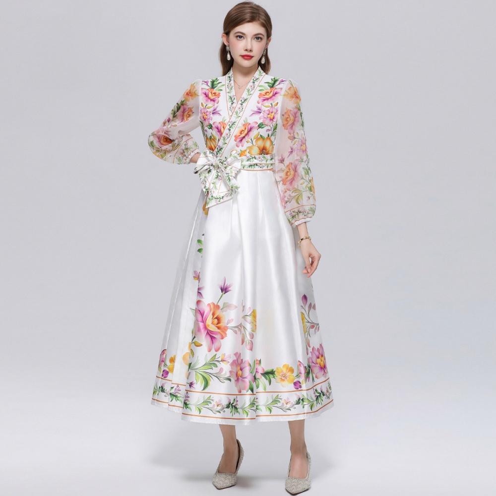 Retro big skirt long dress lantern sleeve court style dress
