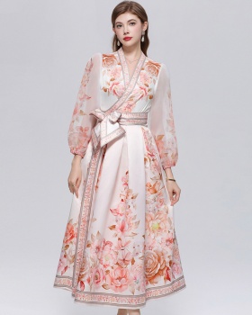 Printing V-neck long dress big skirt dress for women