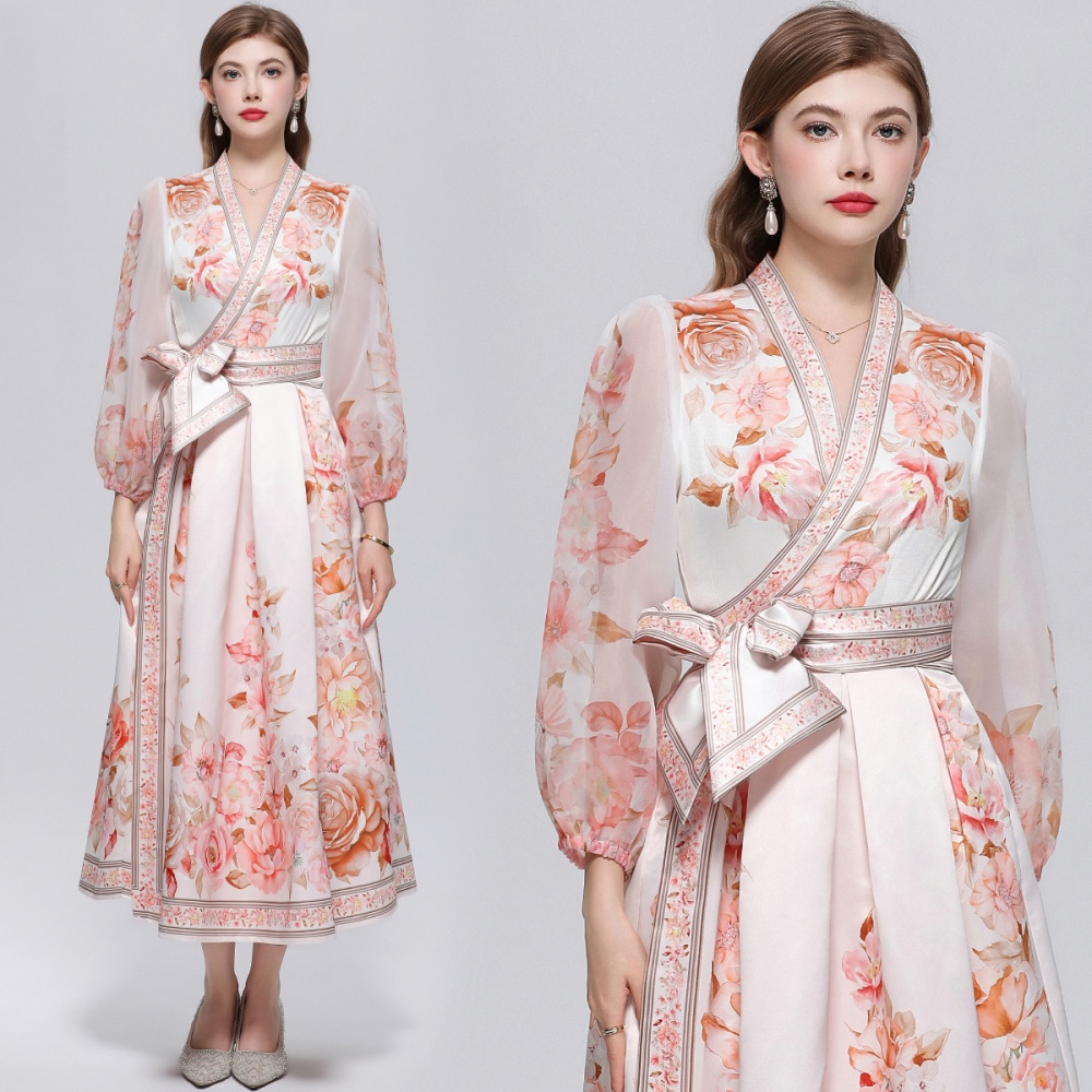 Printing V-neck long dress big skirt dress for women