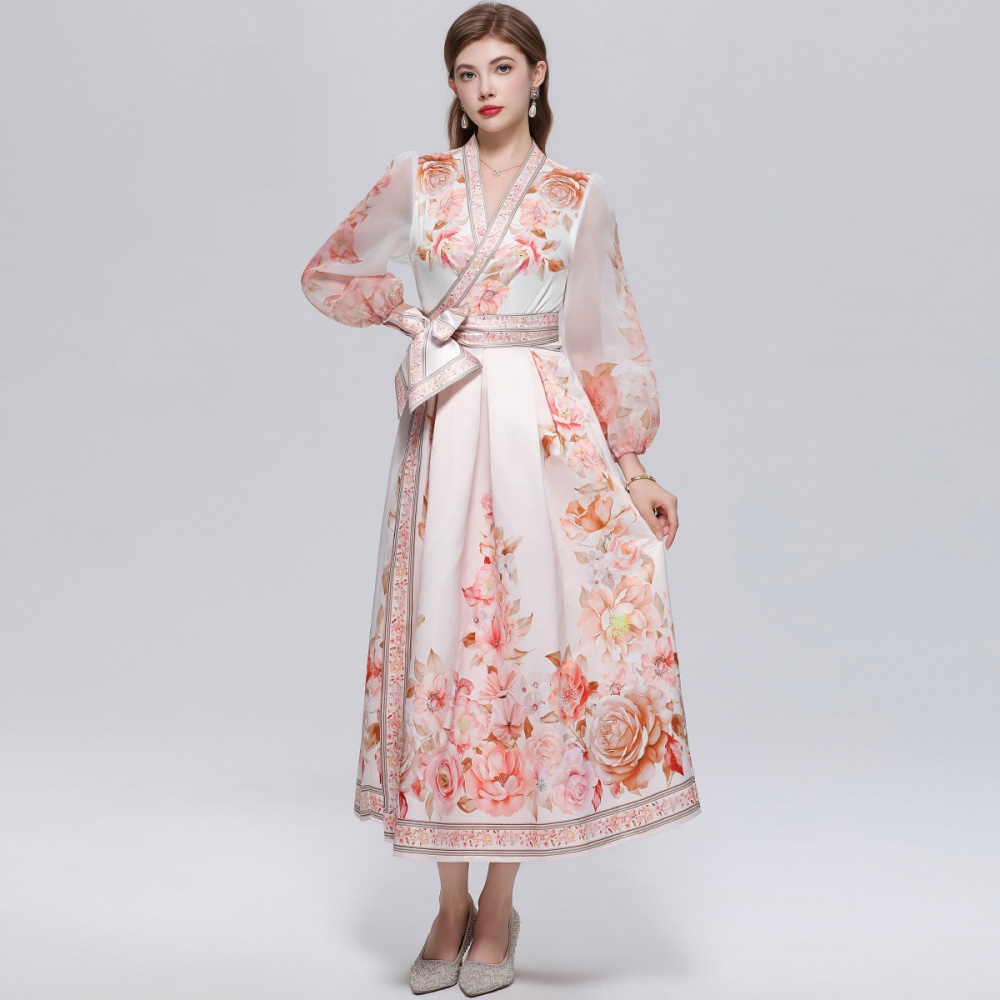 Printing V-neck long dress big skirt dress for women