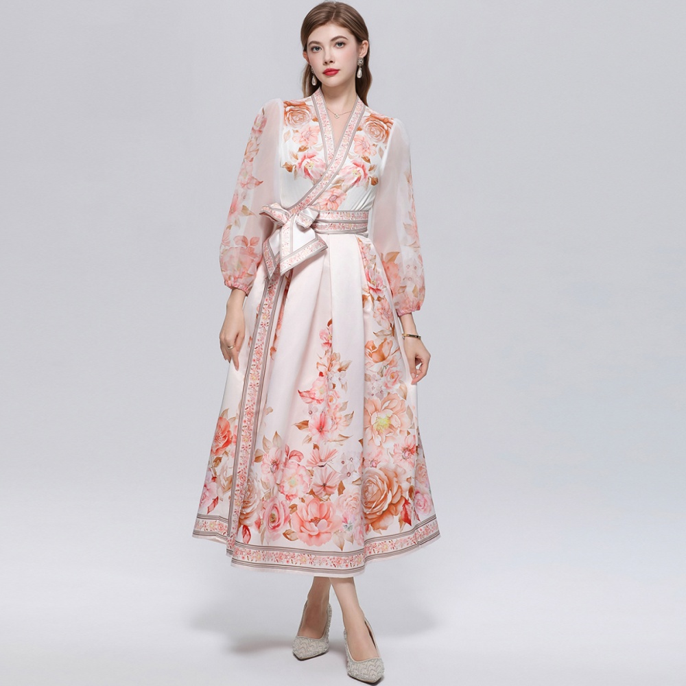 Printing V-neck long dress big skirt dress for women