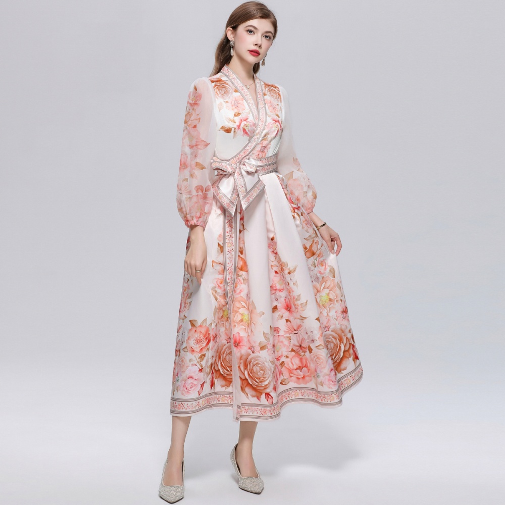 Printing V-neck long dress big skirt dress for women