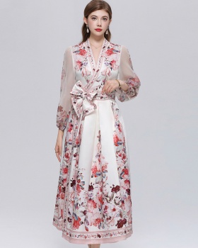 Printing V-neck long dress court style dress for women
