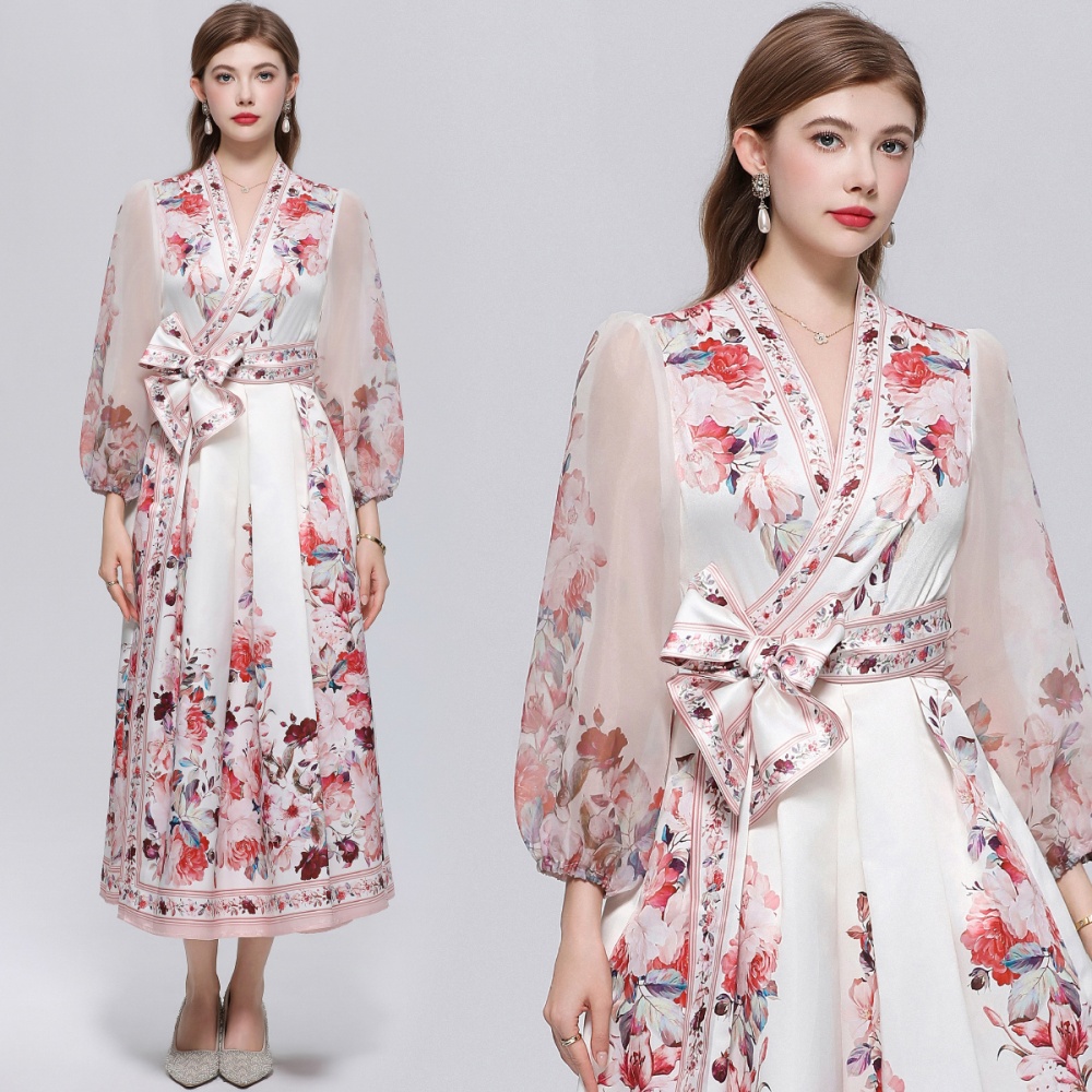 Printing V-neck long dress court style dress for women