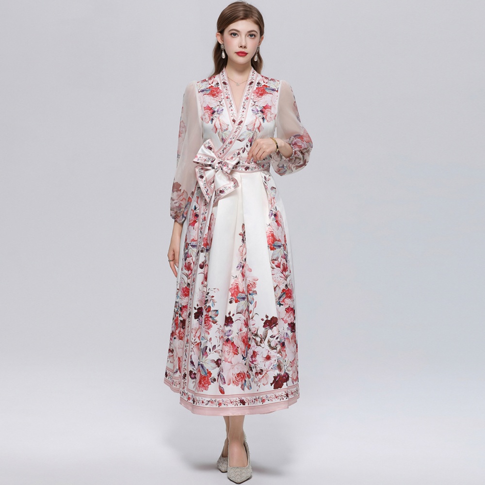 Printing V-neck long dress court style dress for women