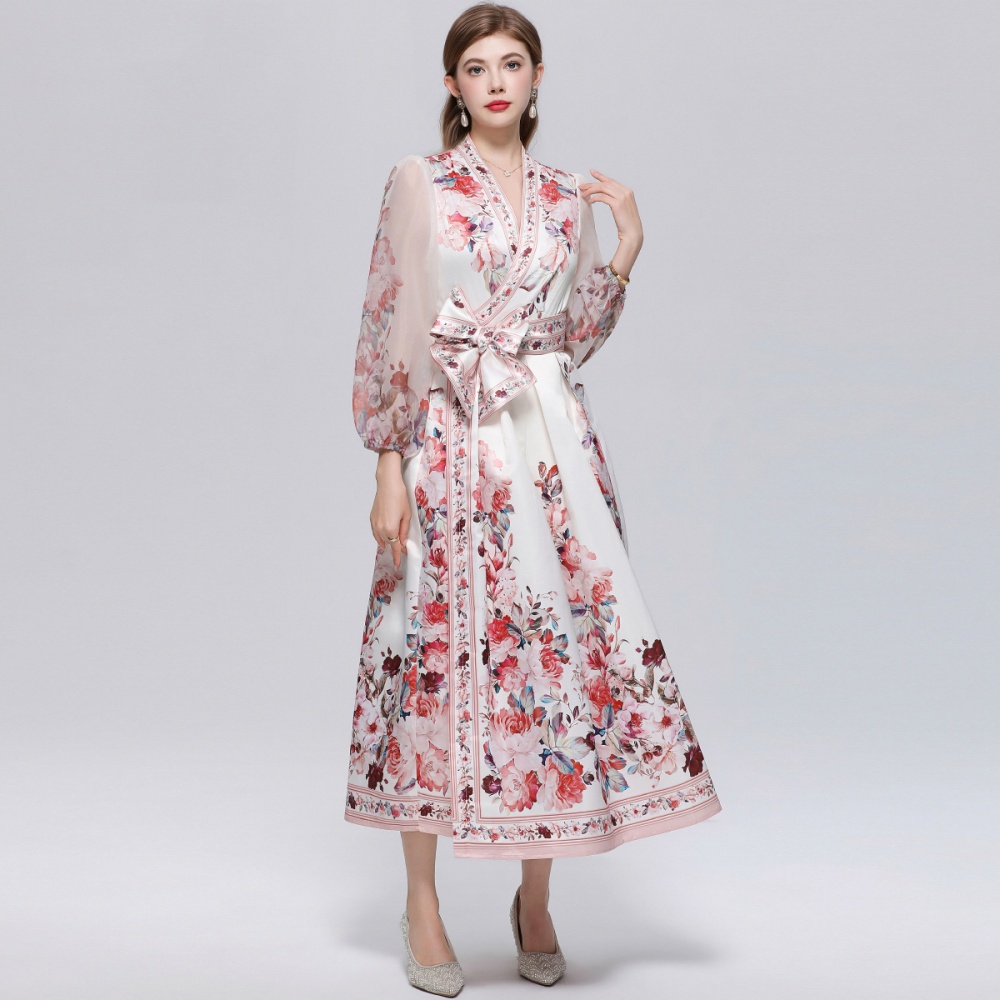 Printing V-neck long dress court style dress for women