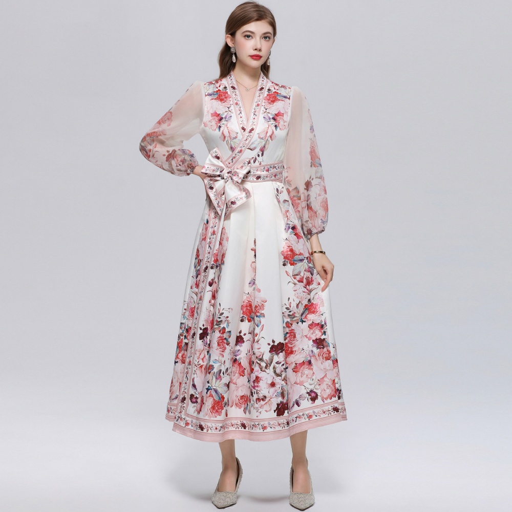 Printing V-neck long dress court style dress for women