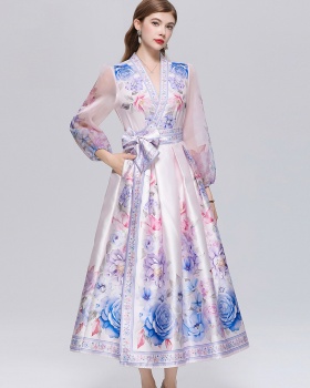 V-neck retro pinched waist long dress printing big skirt dress