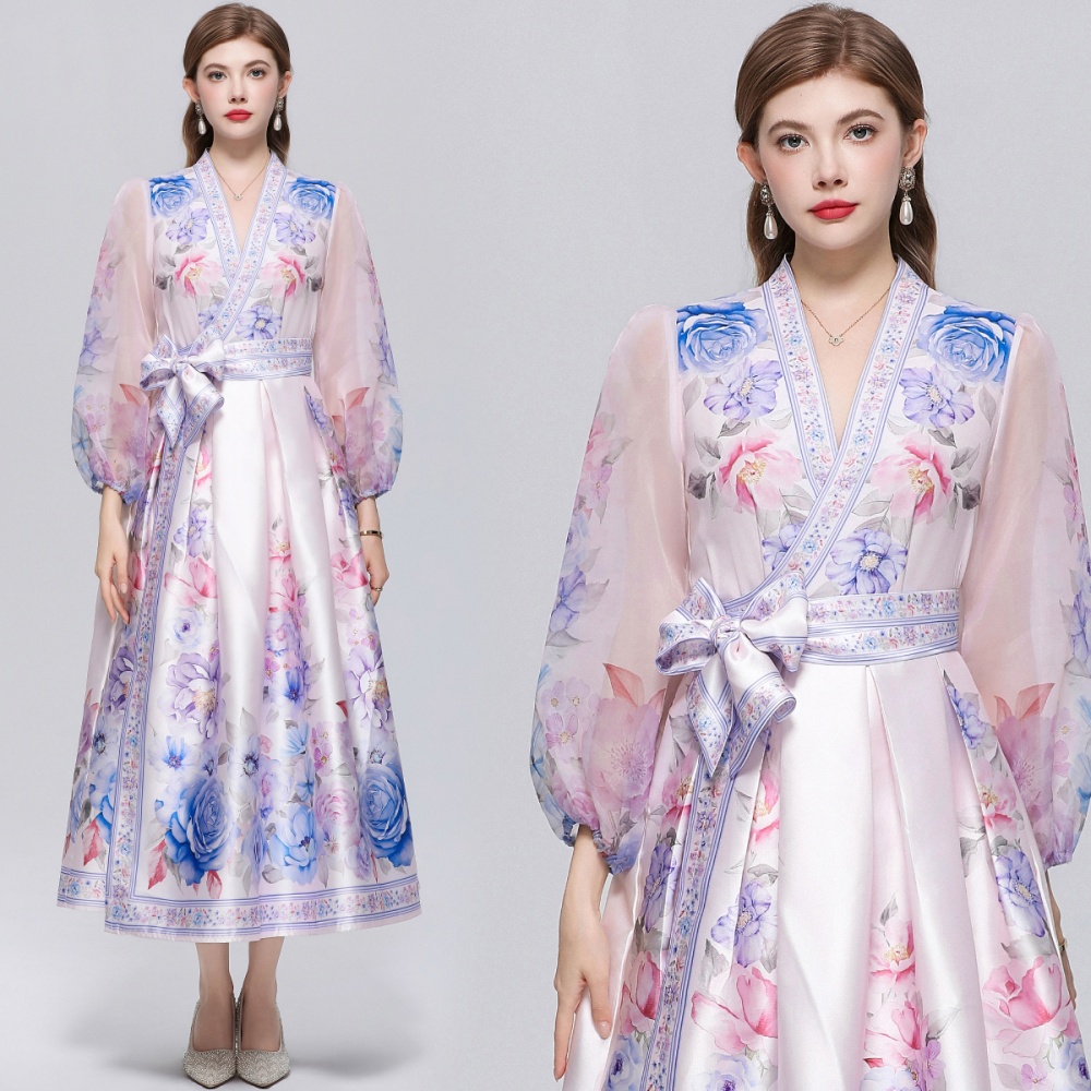 V-neck retro pinched waist long dress printing big skirt dress