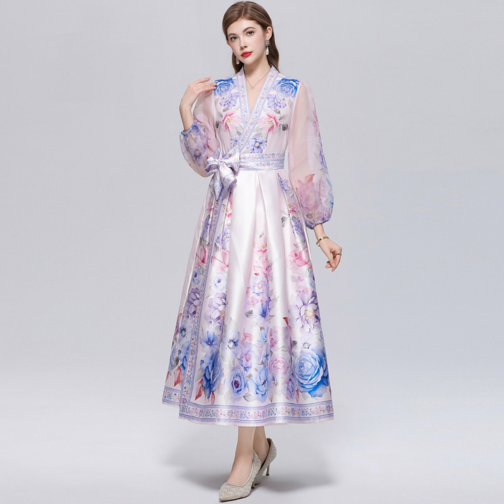 V-neck retro pinched waist long dress printing big skirt dress
