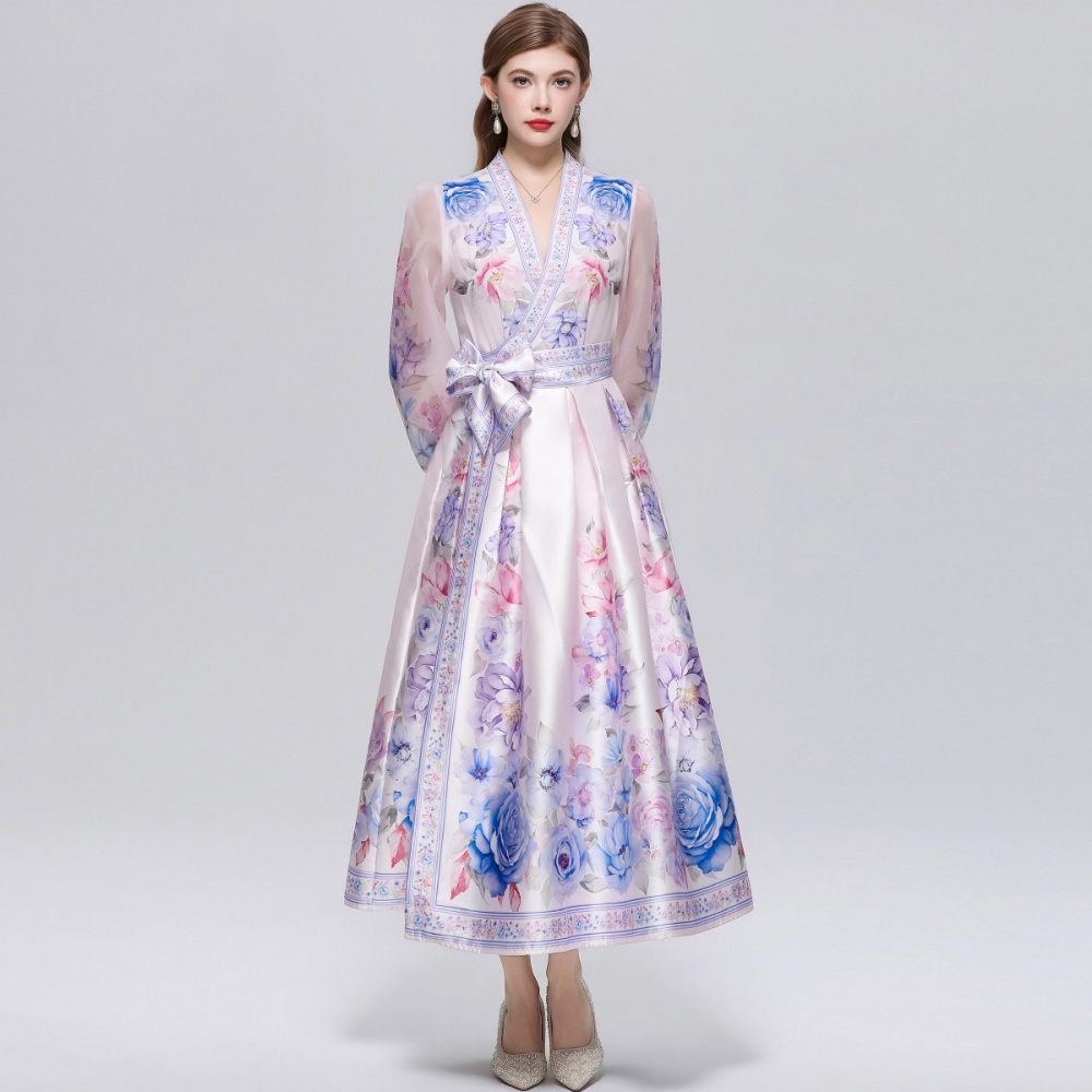 V-neck retro pinched waist long dress printing big skirt dress