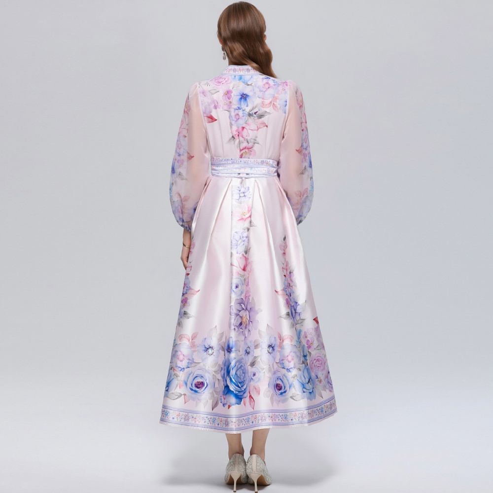 V-neck retro pinched waist long dress printing big skirt dress