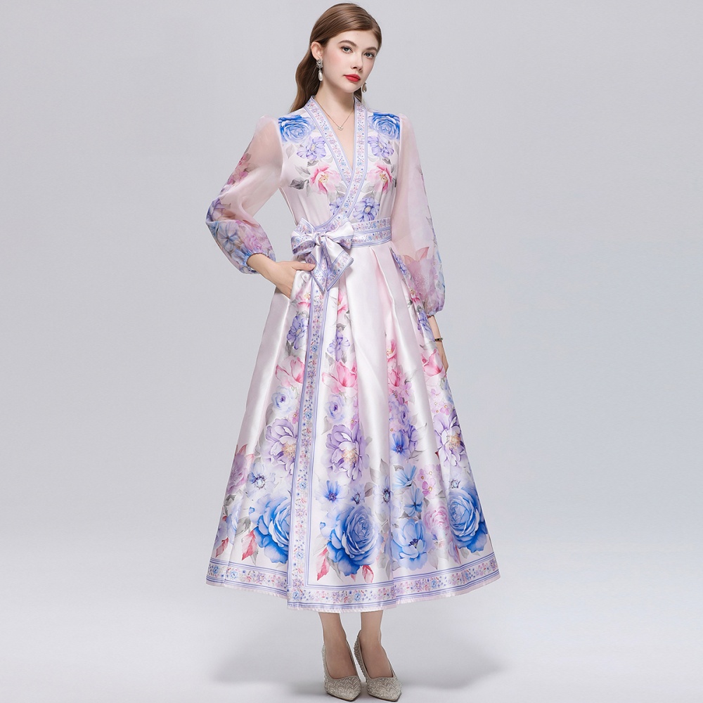 V-neck retro pinched waist long dress printing big skirt dress