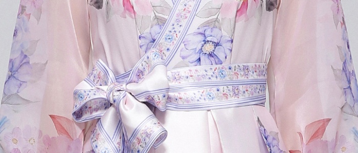 V-neck retro pinched waist long dress printing big skirt dress