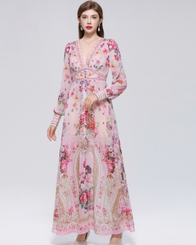 Big skirt V-neck dress printing retro long dress