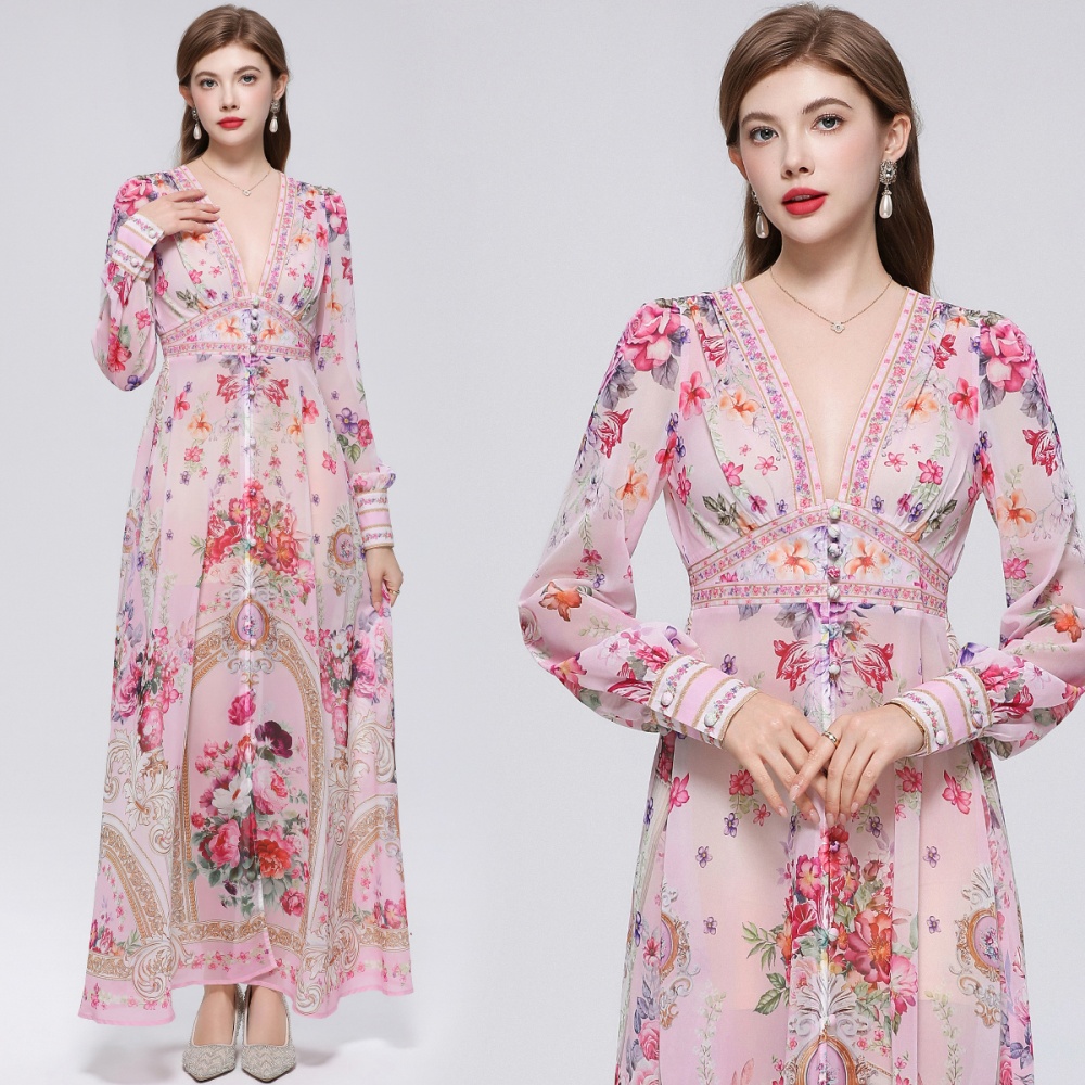 Big skirt V-neck dress printing retro long dress