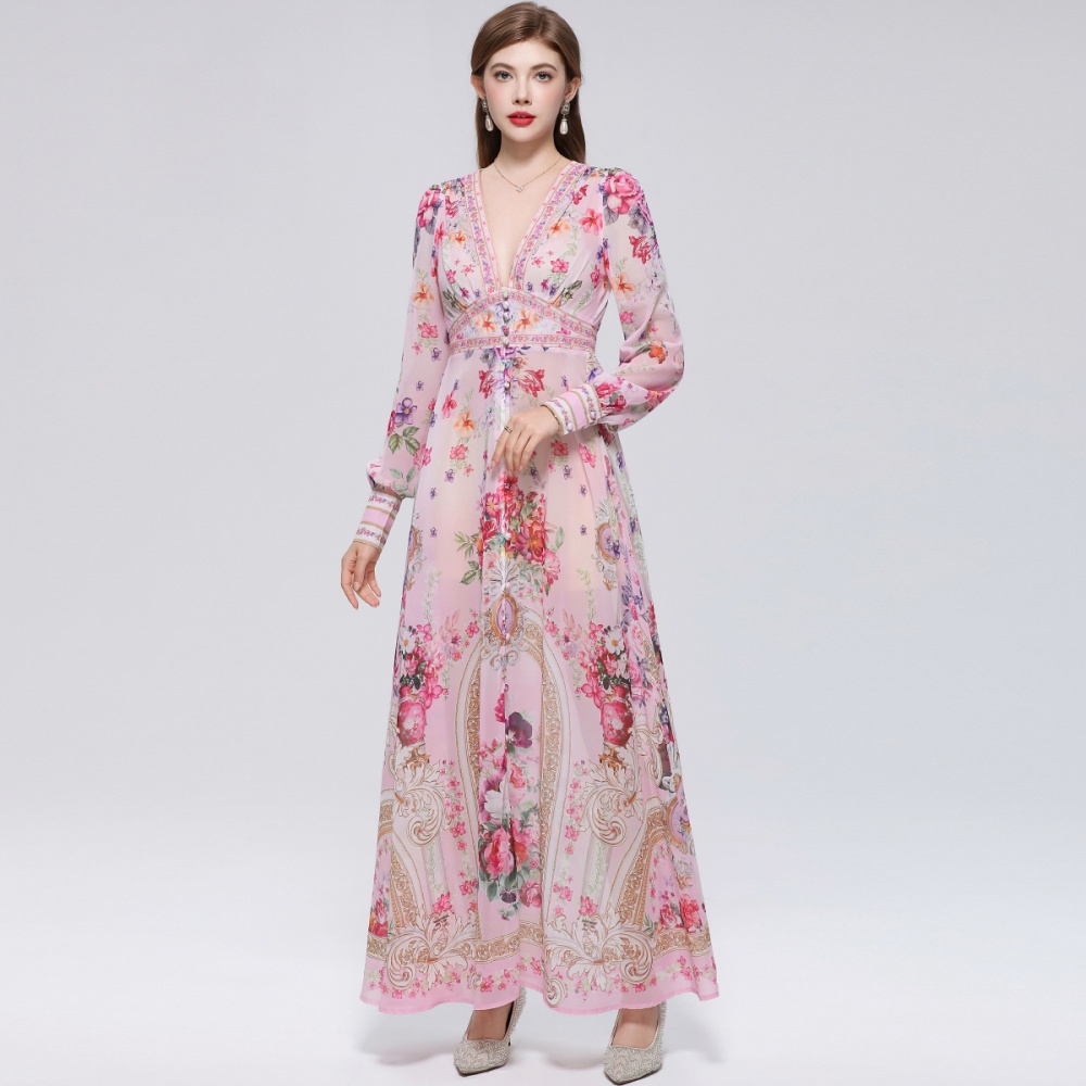 Big skirt V-neck dress printing retro long dress