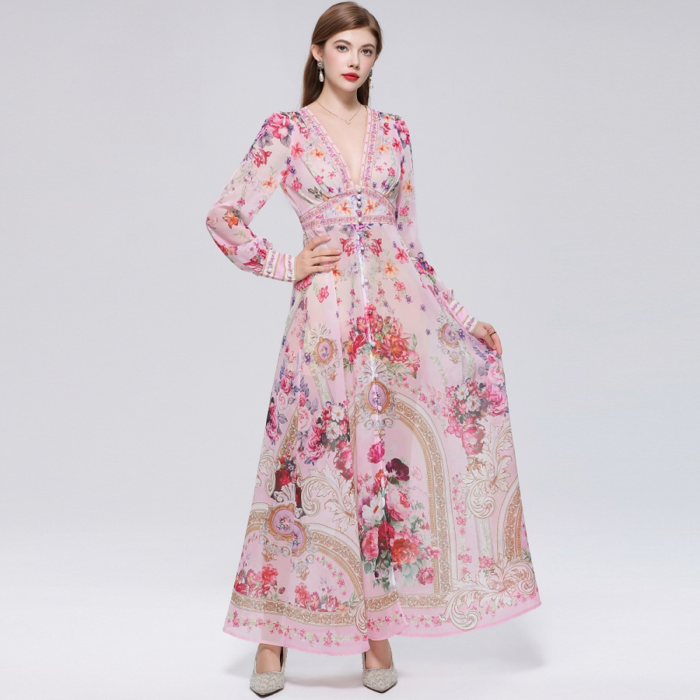 Big skirt V-neck dress printing retro long dress