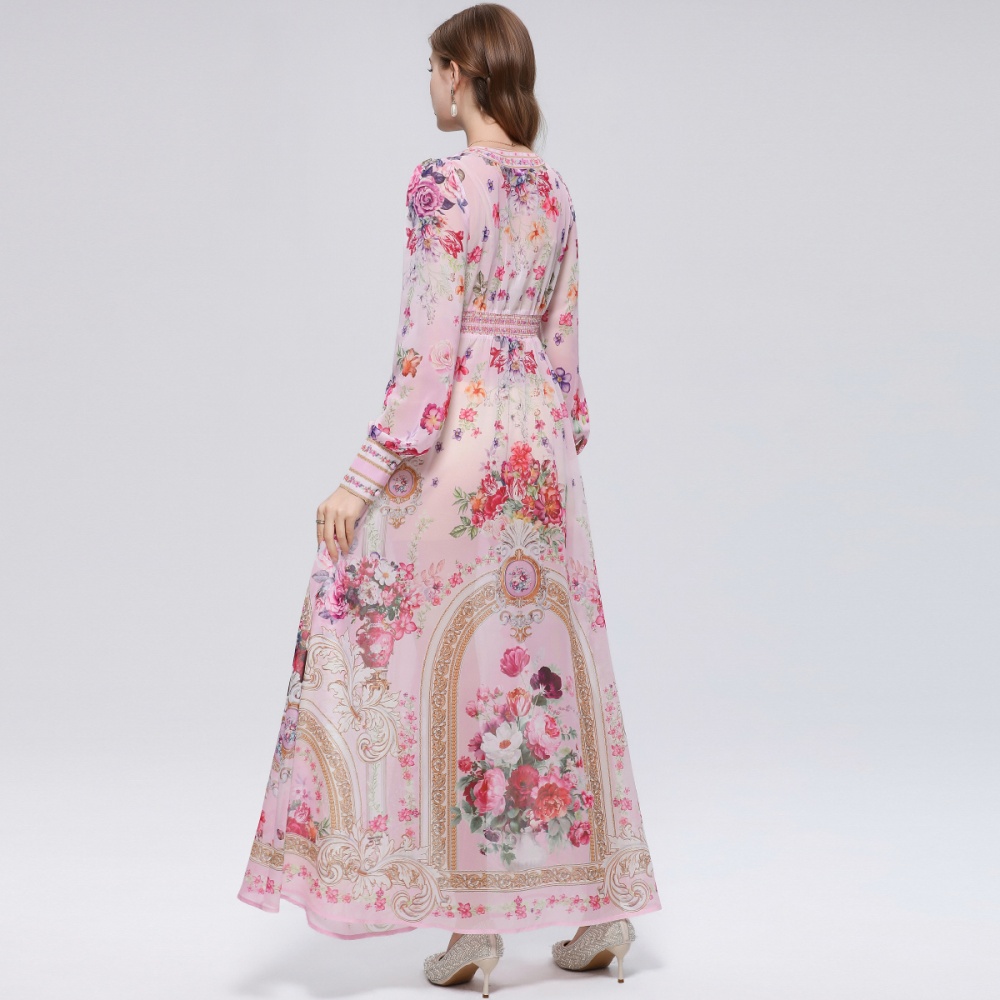 Big skirt V-neck dress printing retro long dress