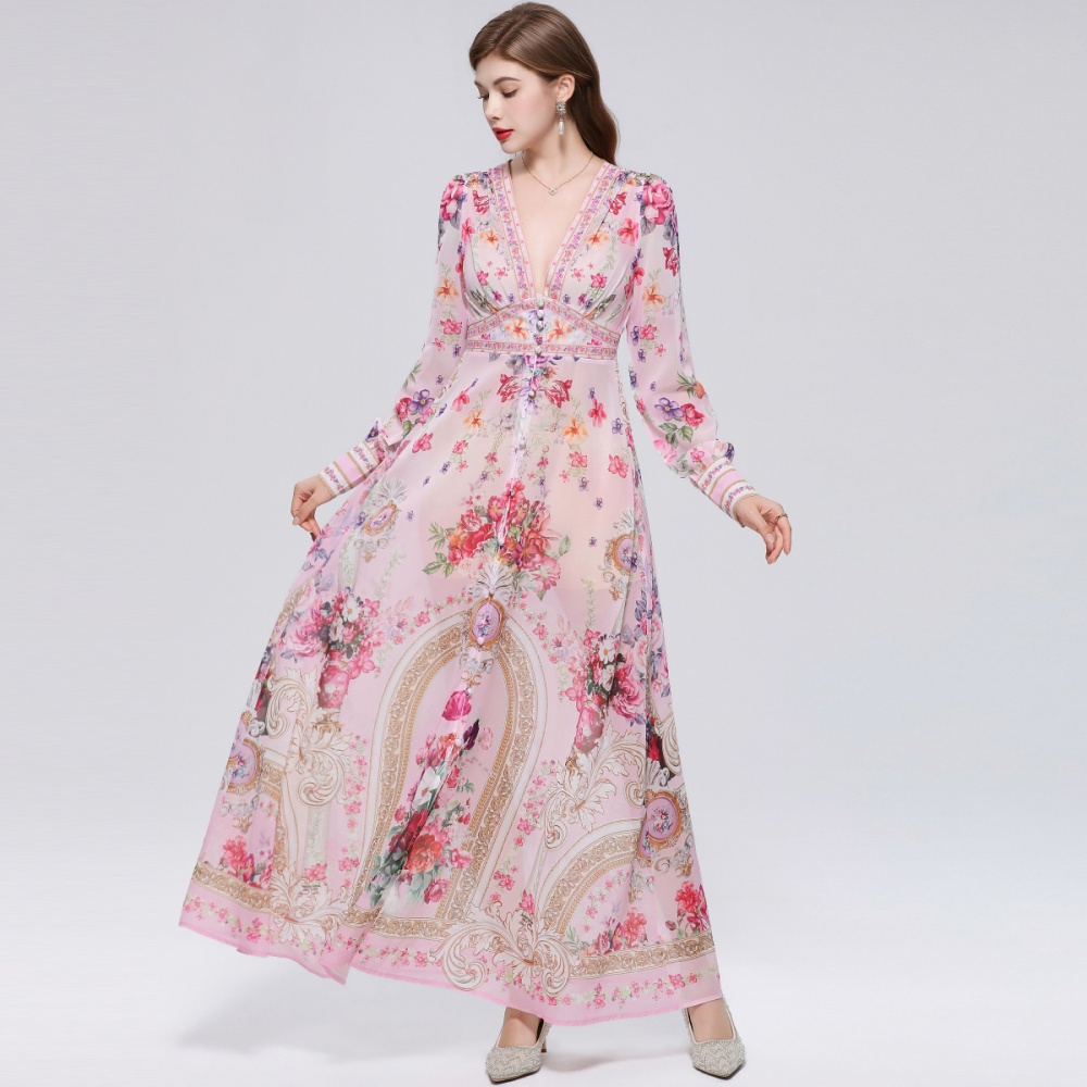 Big skirt V-neck dress printing retro long dress