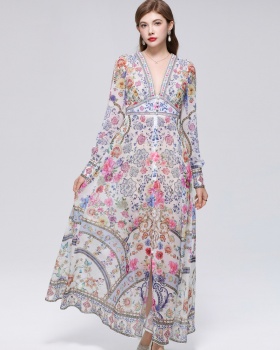 Frenum court style long dress lantern sleeve dress