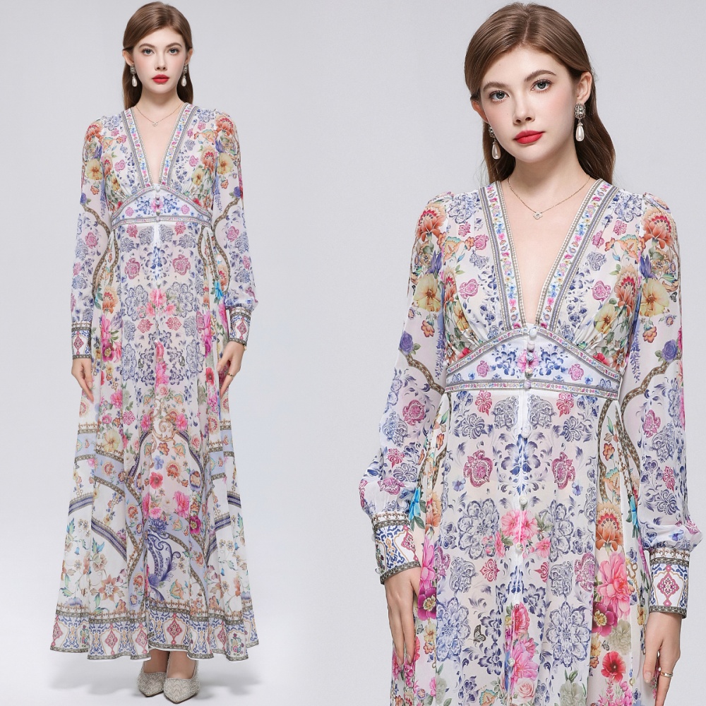 Frenum court style long dress lantern sleeve dress