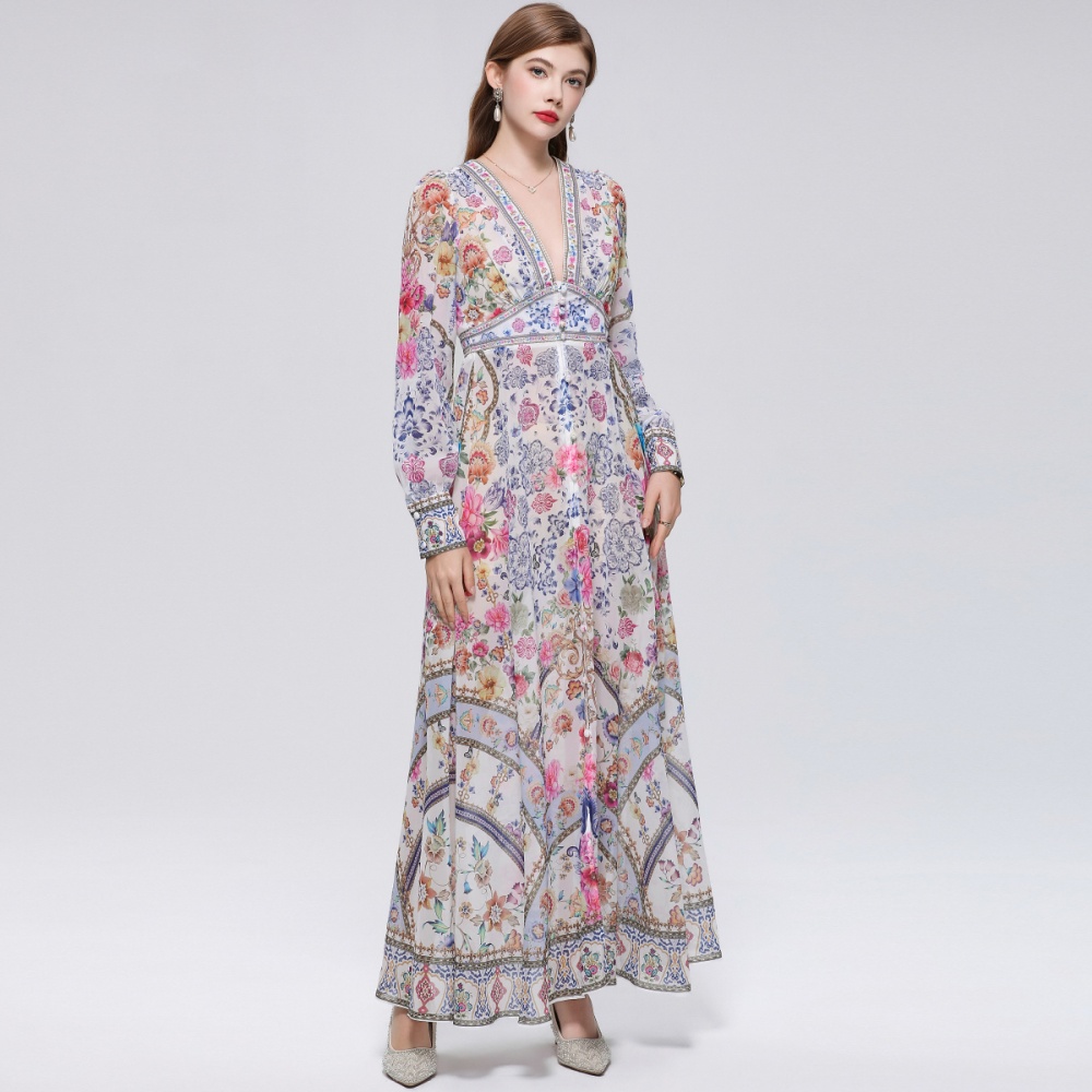 Frenum court style long dress lantern sleeve dress