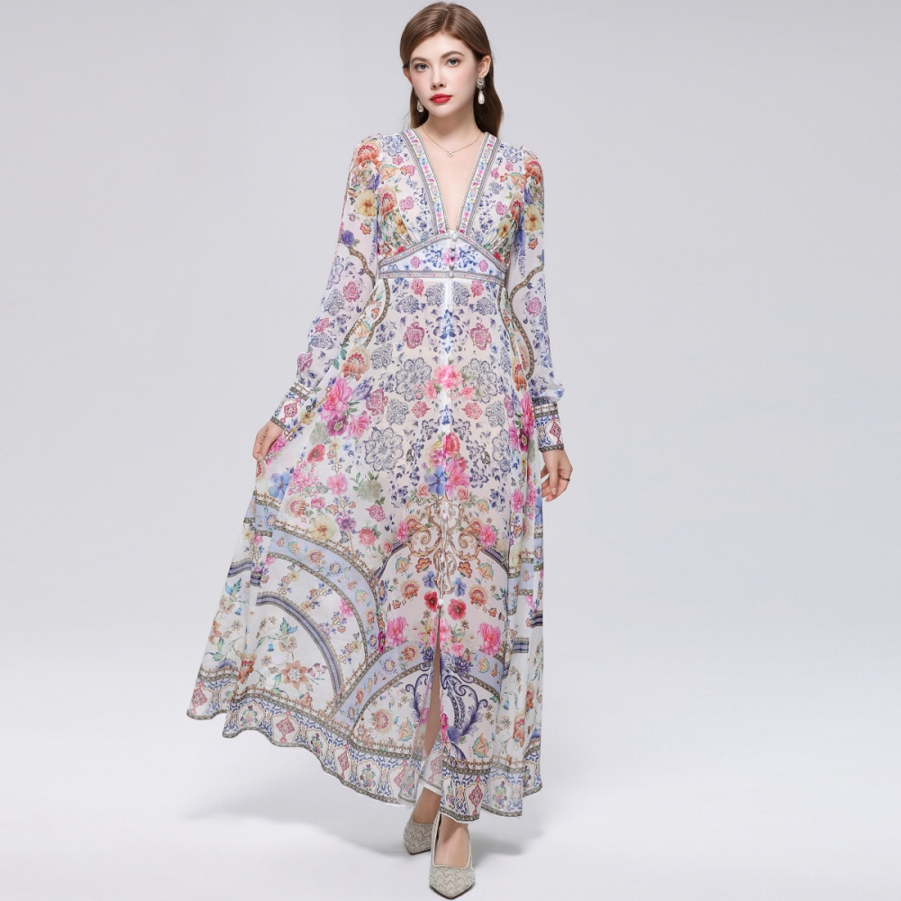 Frenum court style long dress lantern sleeve dress