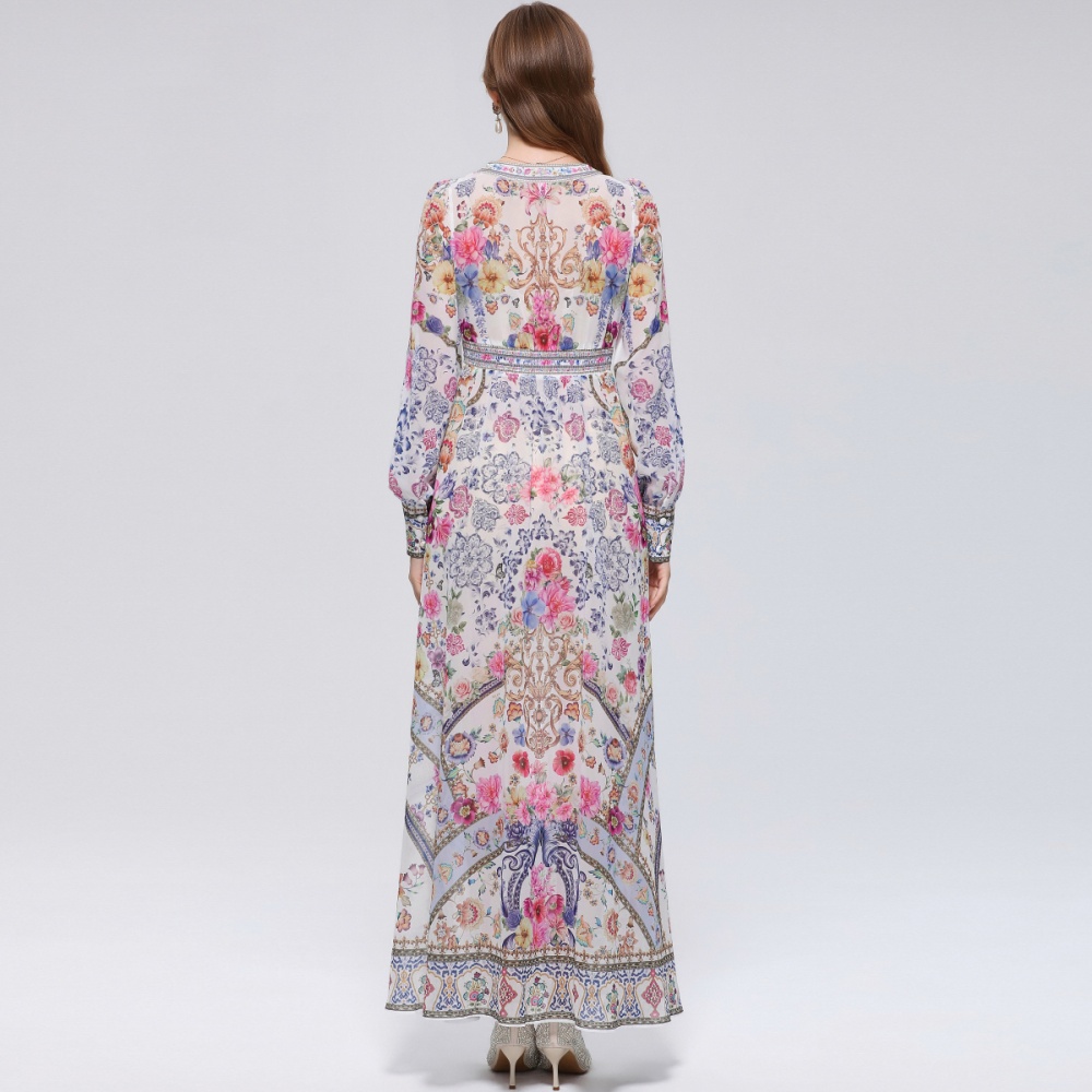 Frenum court style long dress lantern sleeve dress