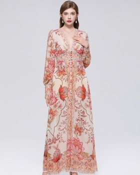 Lantern sleeve court style long dress printing dress for women
