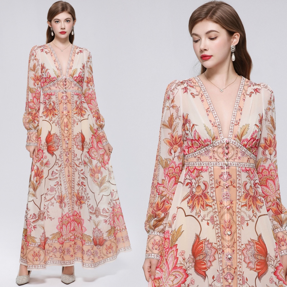 Lantern sleeve court style long dress printing dress for women