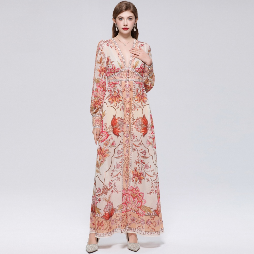 Lantern sleeve court style long dress printing dress for women