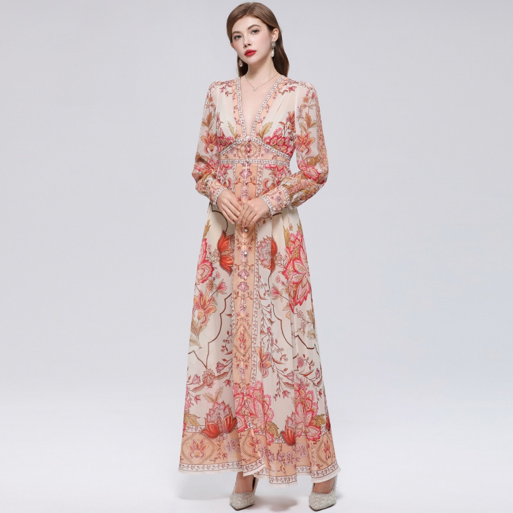 Lantern sleeve court style long dress printing dress for women