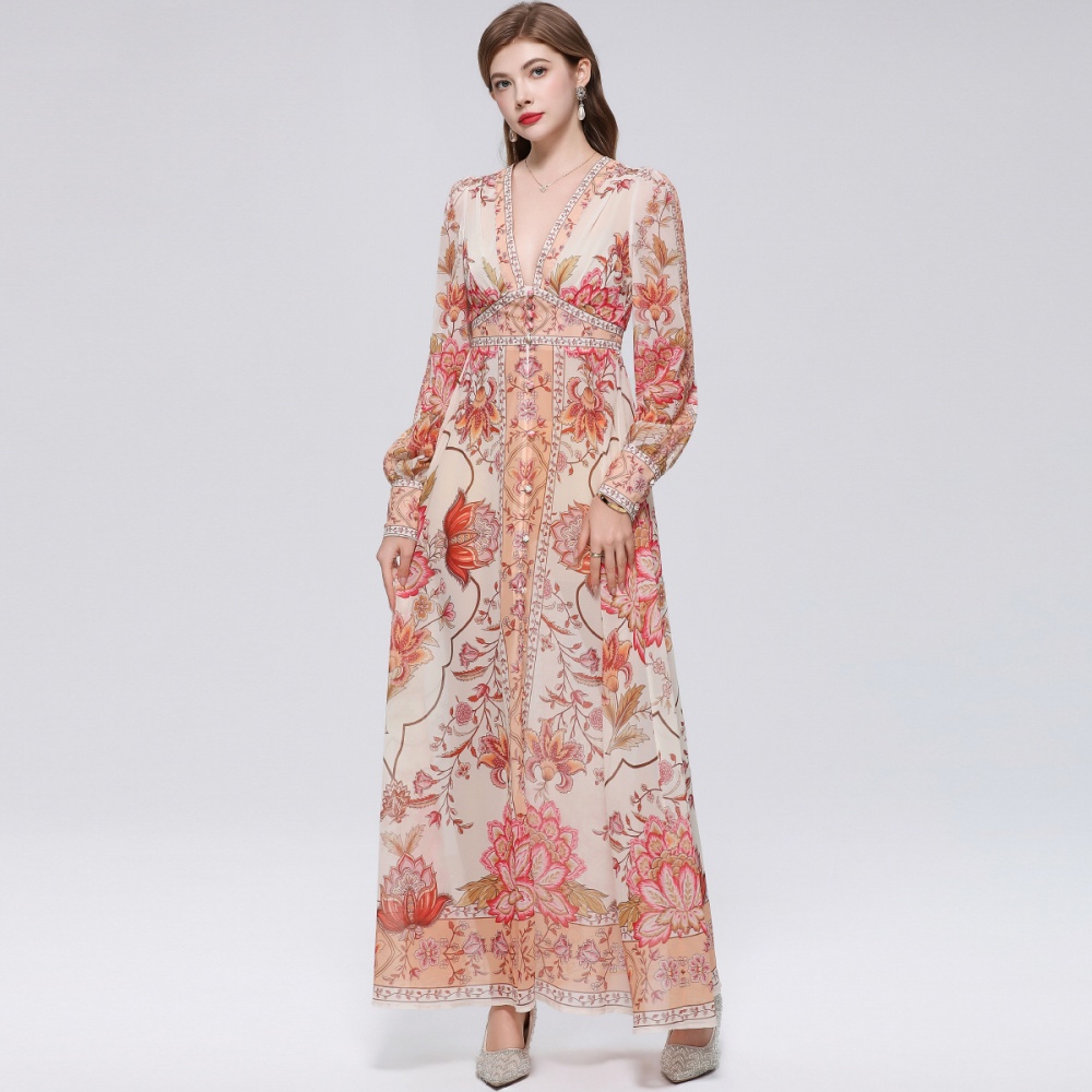 Lantern sleeve court style long dress printing dress for women