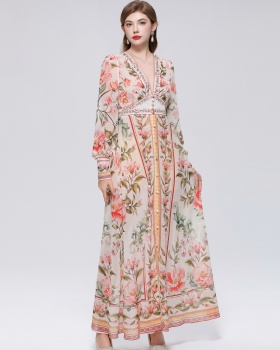 Frenum court style long dress retro dress for women