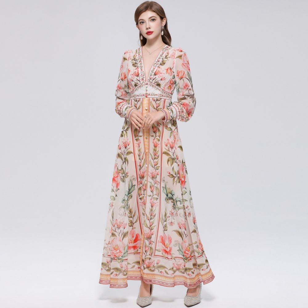 Frenum court style long dress retro dress for women