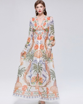 Lantern sleeve court style long dress retro dress for women