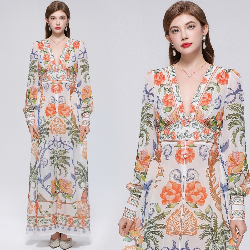 Lantern sleeve court style long dress retro dress for women