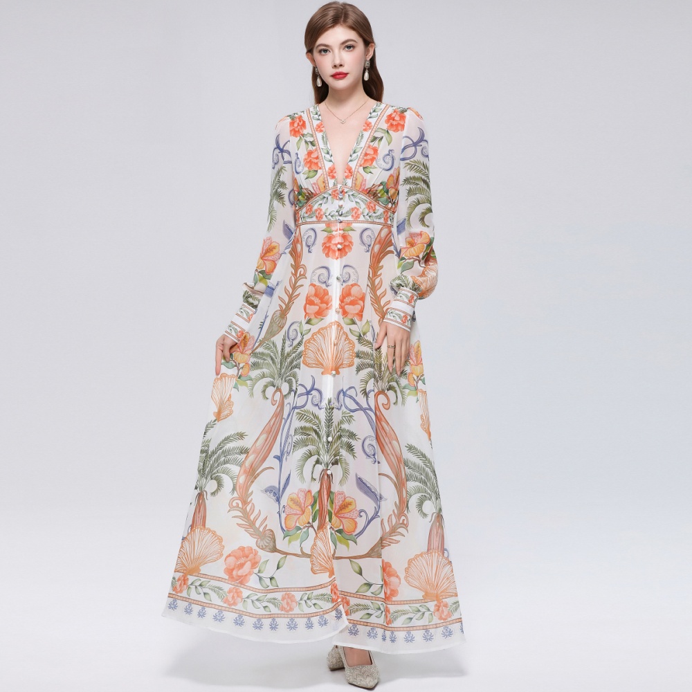 Lantern sleeve court style long dress retro dress for women