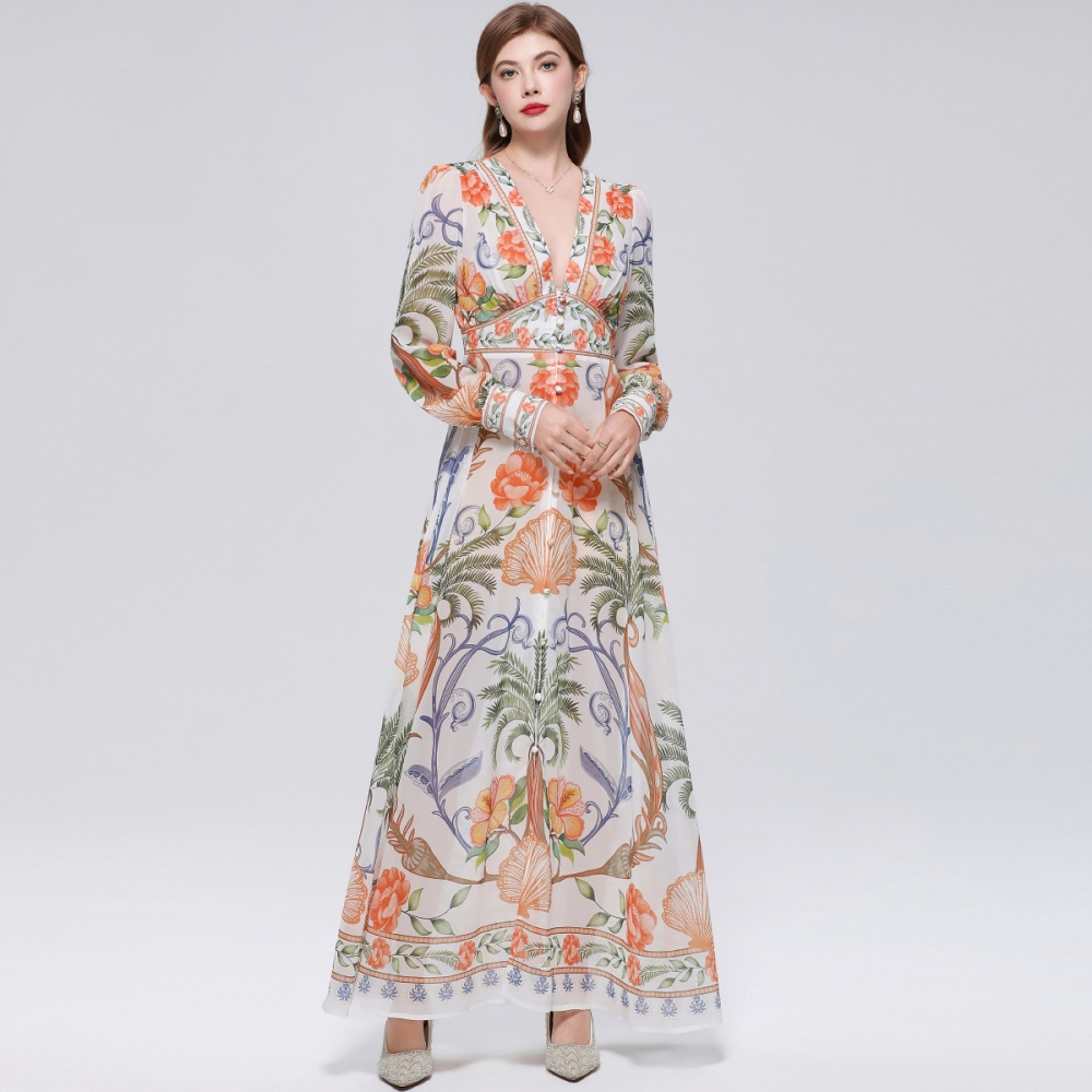 Lantern sleeve court style long dress retro dress for women