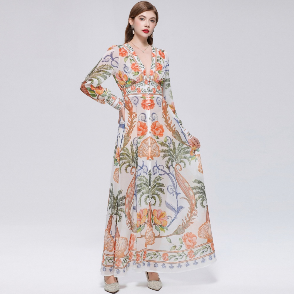 Lantern sleeve court style long dress retro dress for women