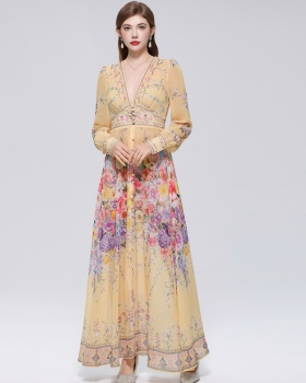 Court style long dress V-neck dress for women