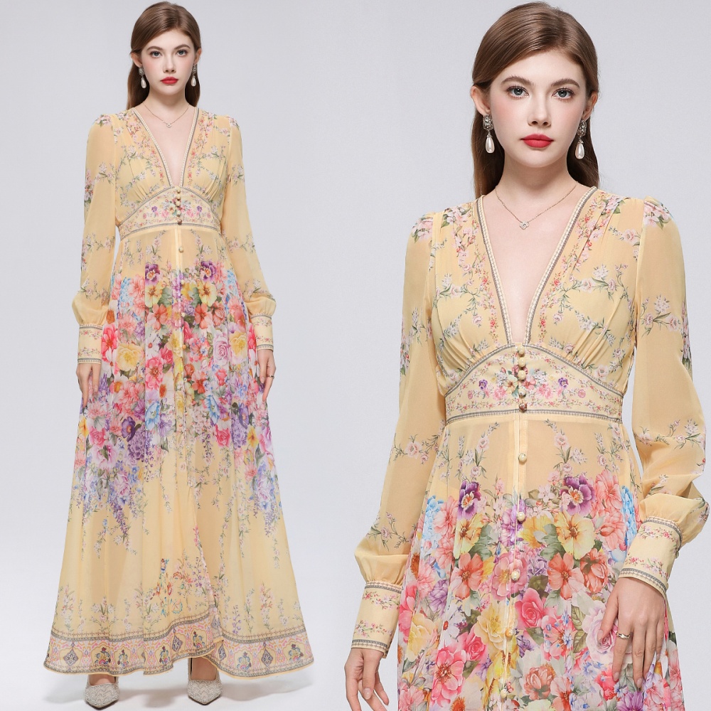 Court style long dress V-neck dress for women