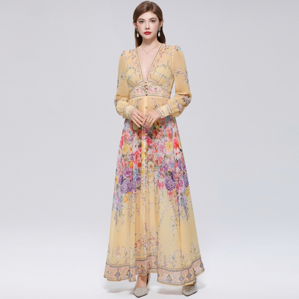 Court style long dress V-neck dress for women