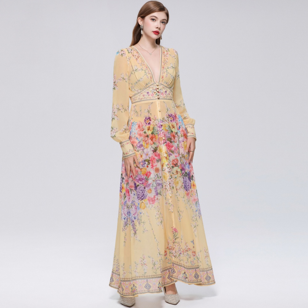 Court style long dress V-neck dress for women