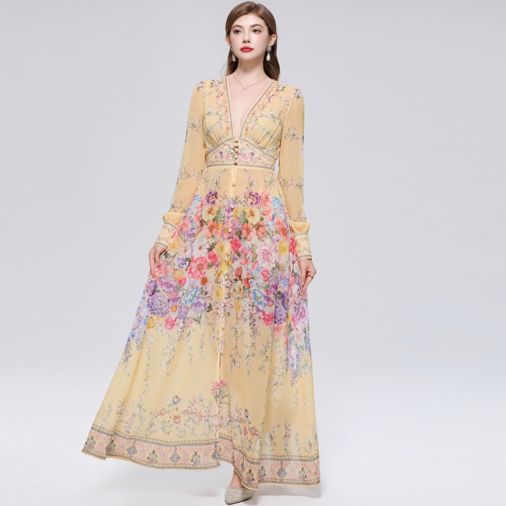 Court style long dress V-neck dress for women